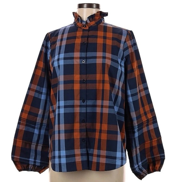 Biltmore Plaid Puff Sleeve Cottagecore Blouse | Mock Neck Fall | Top M - Picture 3 of 5